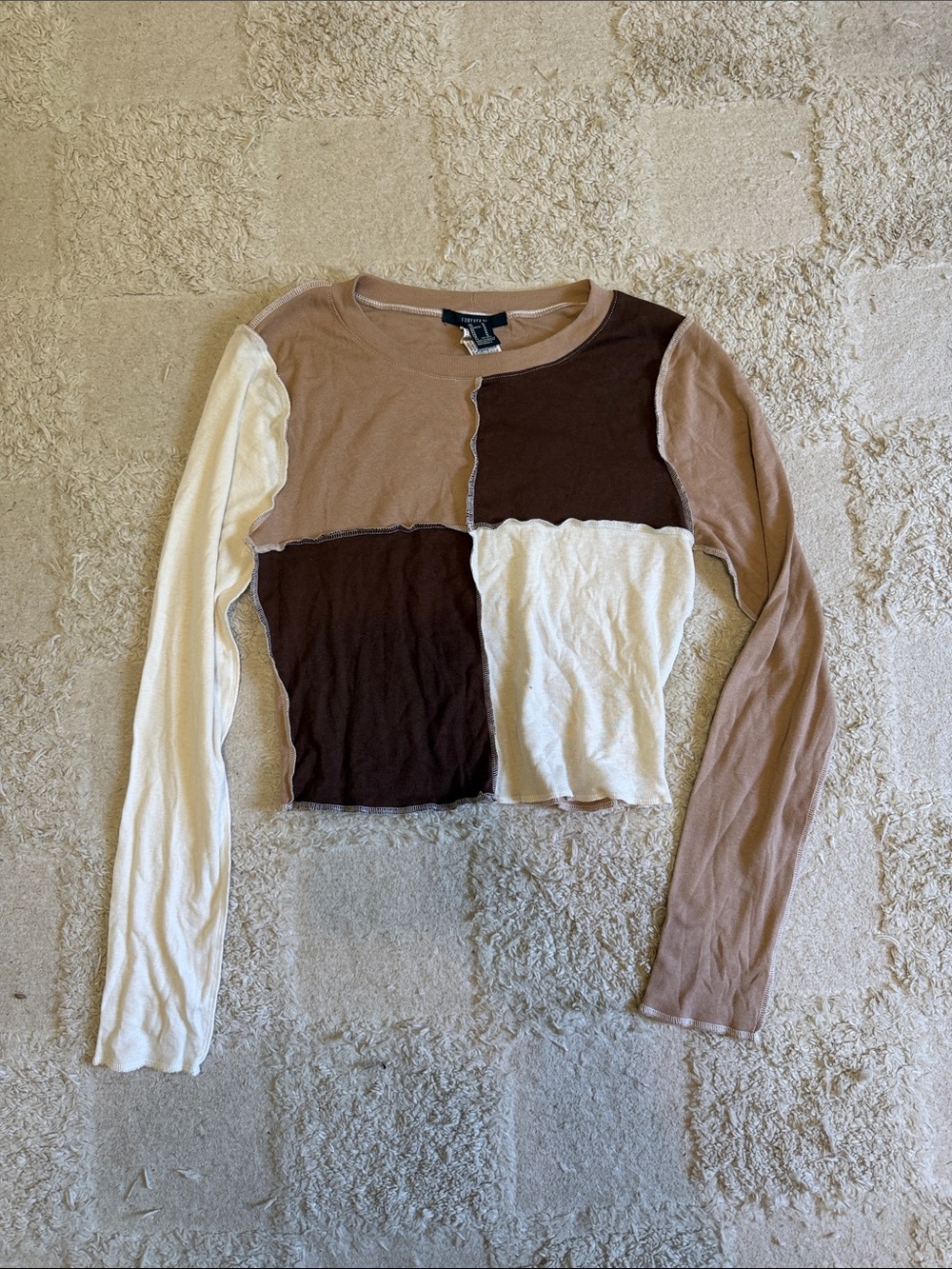 Forever 21 Patchwork Long-Sleeve Crop Top - Brown, Beige, White